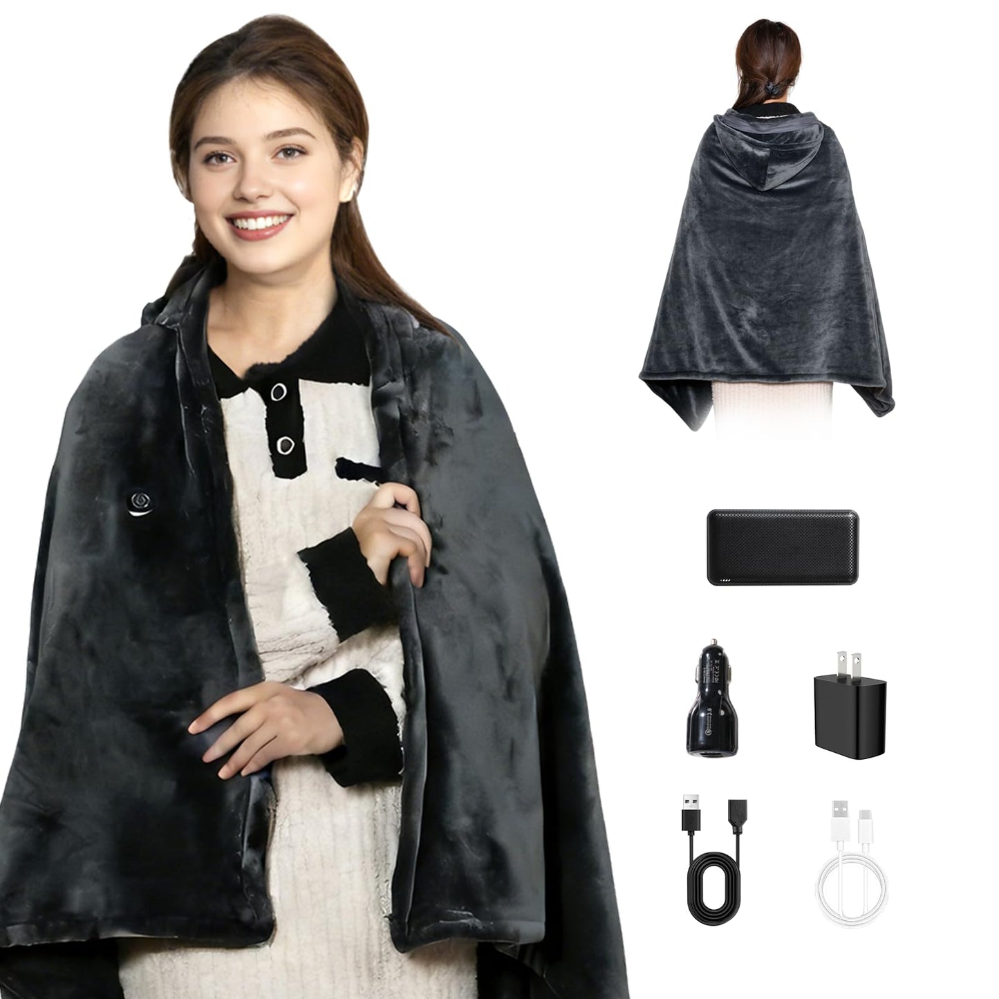 Cordless Rechargeable Heated Blanket with Hood & Multi-Zone Heating Design