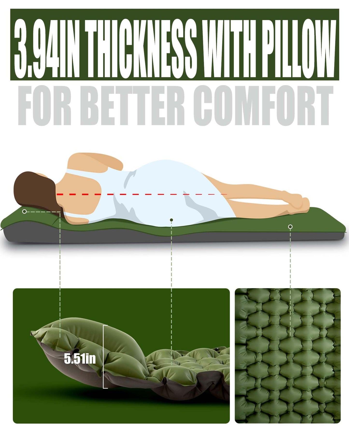 Extra Thick Ultralight Inflatable Camping Sleeping Pad with Built-In Pillow