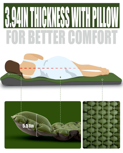 Extra Thick Ultralight Inflatable Camping Sleeping Pad with Built-In Pillow