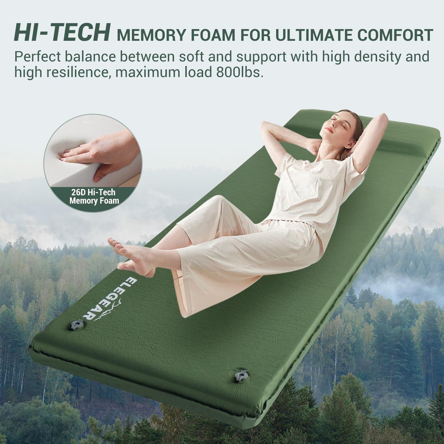 Self-Inflating Memory Foam Camping Sleeping Pad with Pillow & Insulated Design