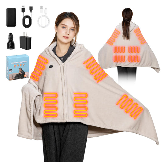 Cordless Rechargeable Heated Blanket with Hood & Multi-Zone Heating Design
