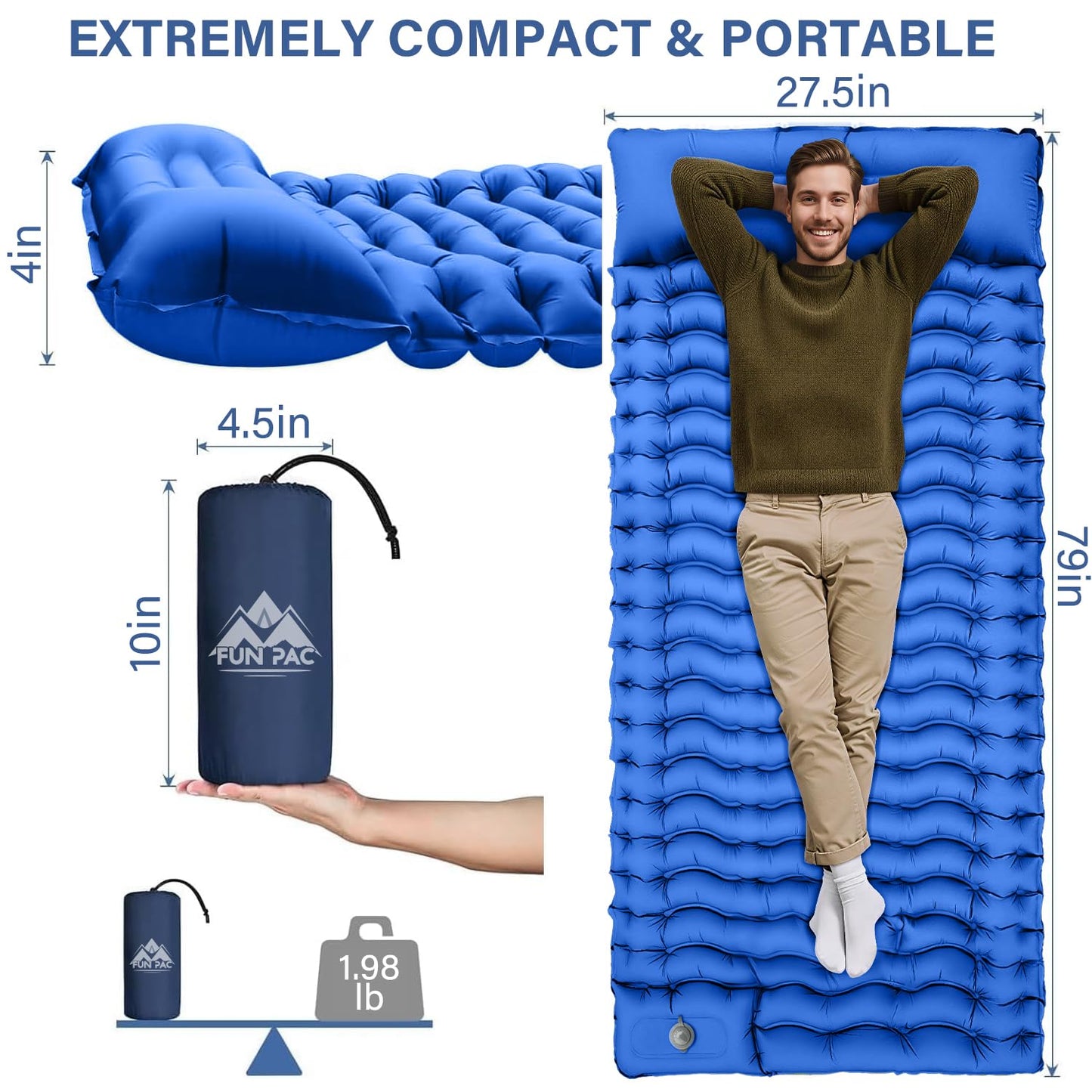 Ultralight Inflatable Camping Sleeping Pad with Built-In Pillow & Foot Pump