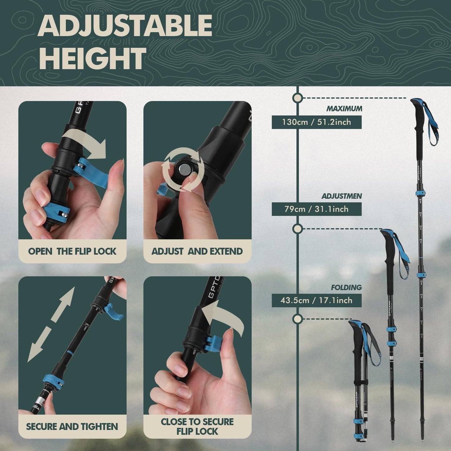 Collapsible Adjustable Trekking Pole with EVA Foam Grip for Hiking & Travel