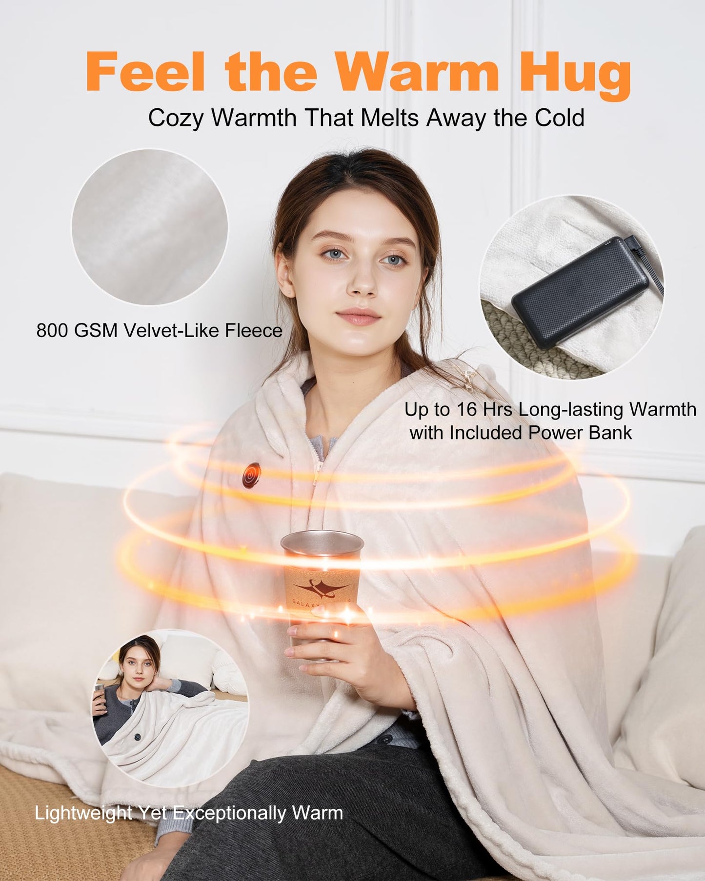 Cordless Rechargeable Heated Blanket with Hood & Multi-Zone Heating Design