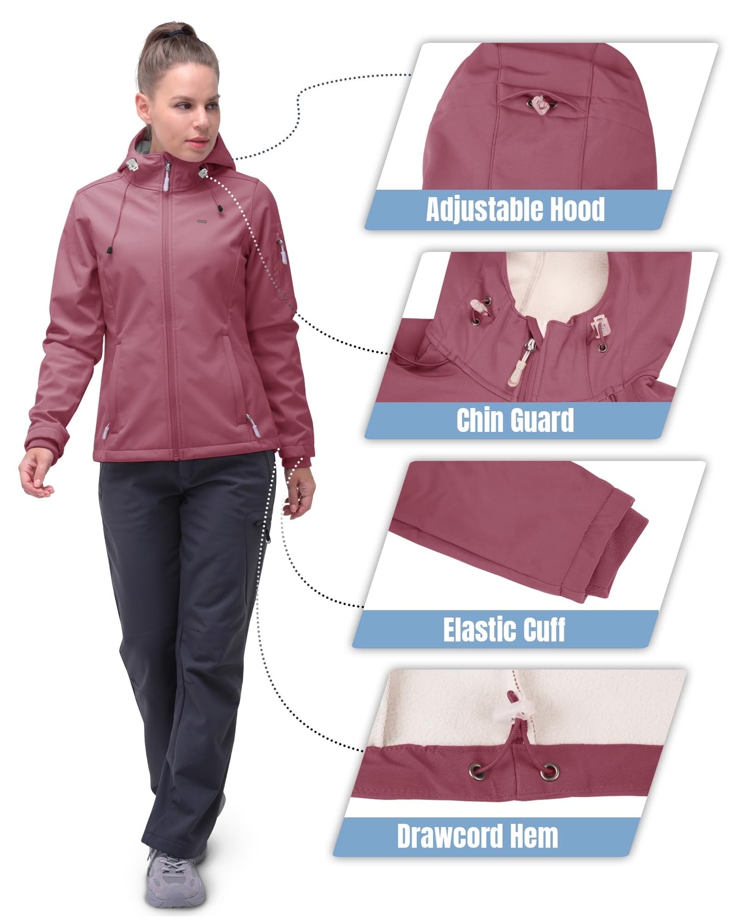 Women’s Fleece-Lined Softshell Jacket with Hooded Windproof Design