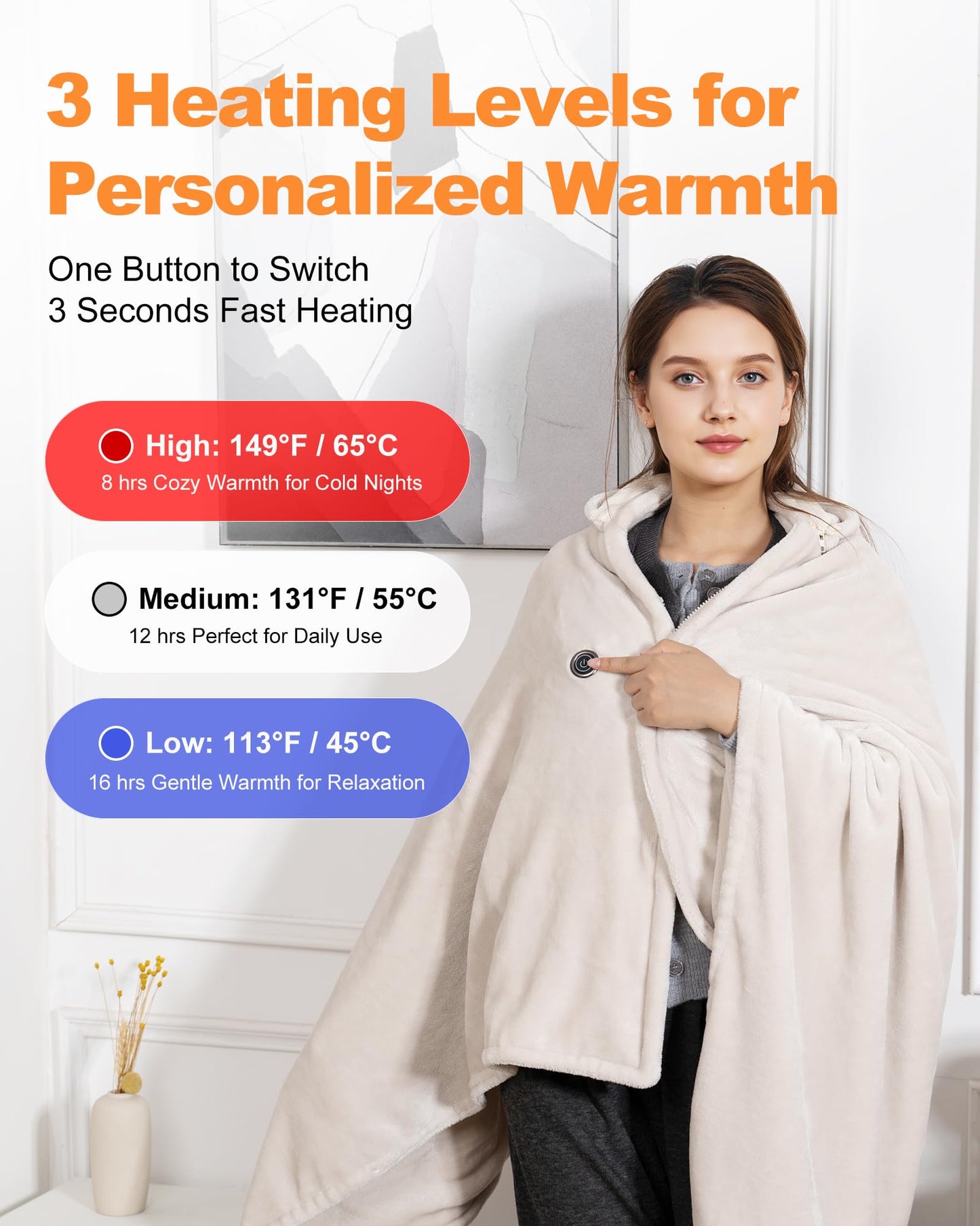 Cordless Rechargeable Heated Blanket with Hood & Multi-Zone Heating Design