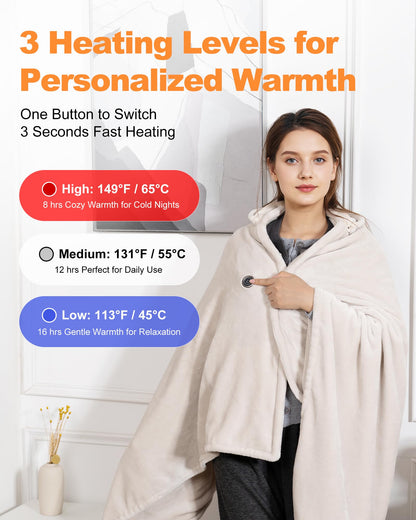 Cordless Rechargeable Heated Blanket with Hood & Multi-Zone Heating Design