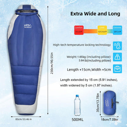XL Down Mummy Sleeping Bag for Camping, Hiking & Backpacking