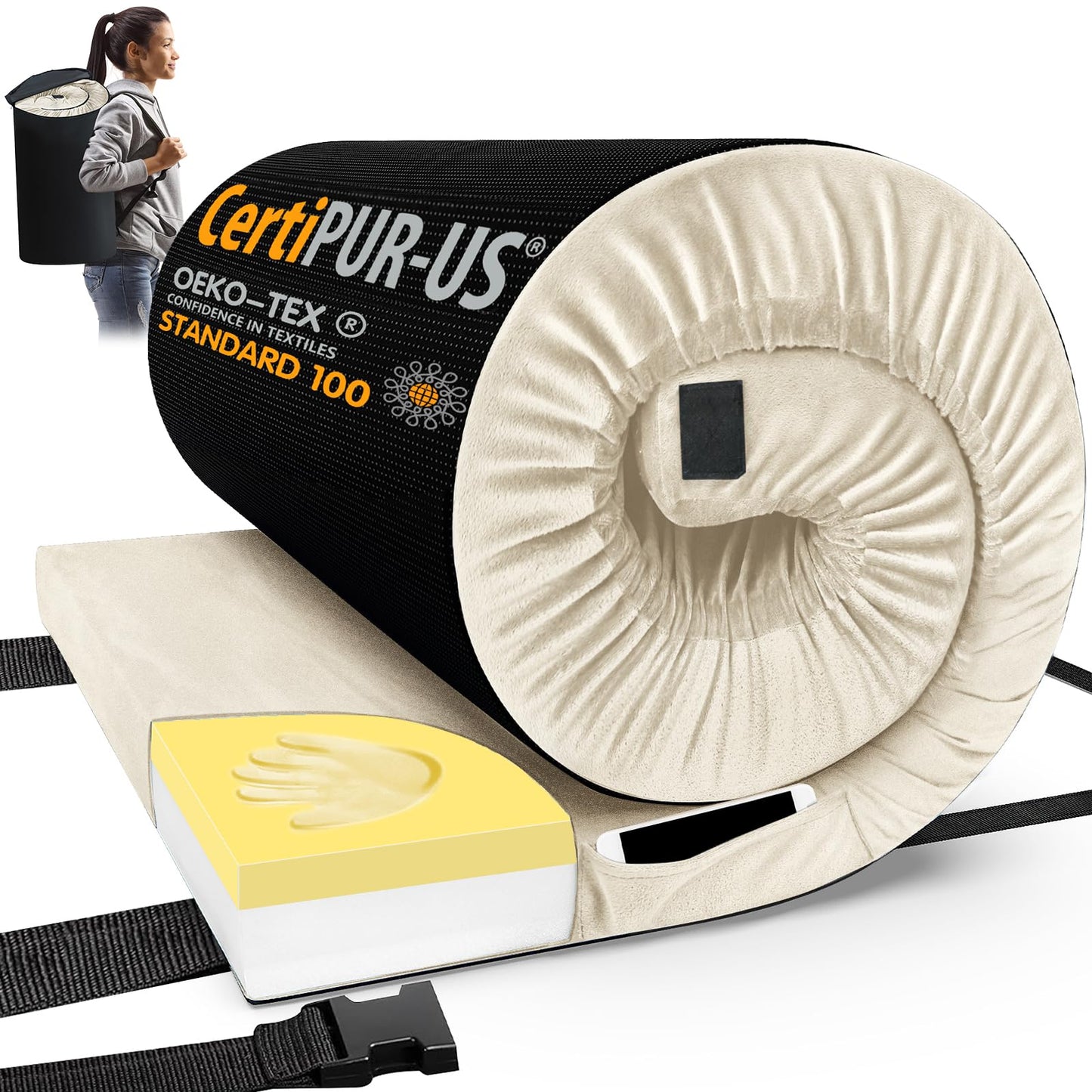 Memory Foam Camping Mattress Pad with Portable Roll-Up Design & Travel Bag