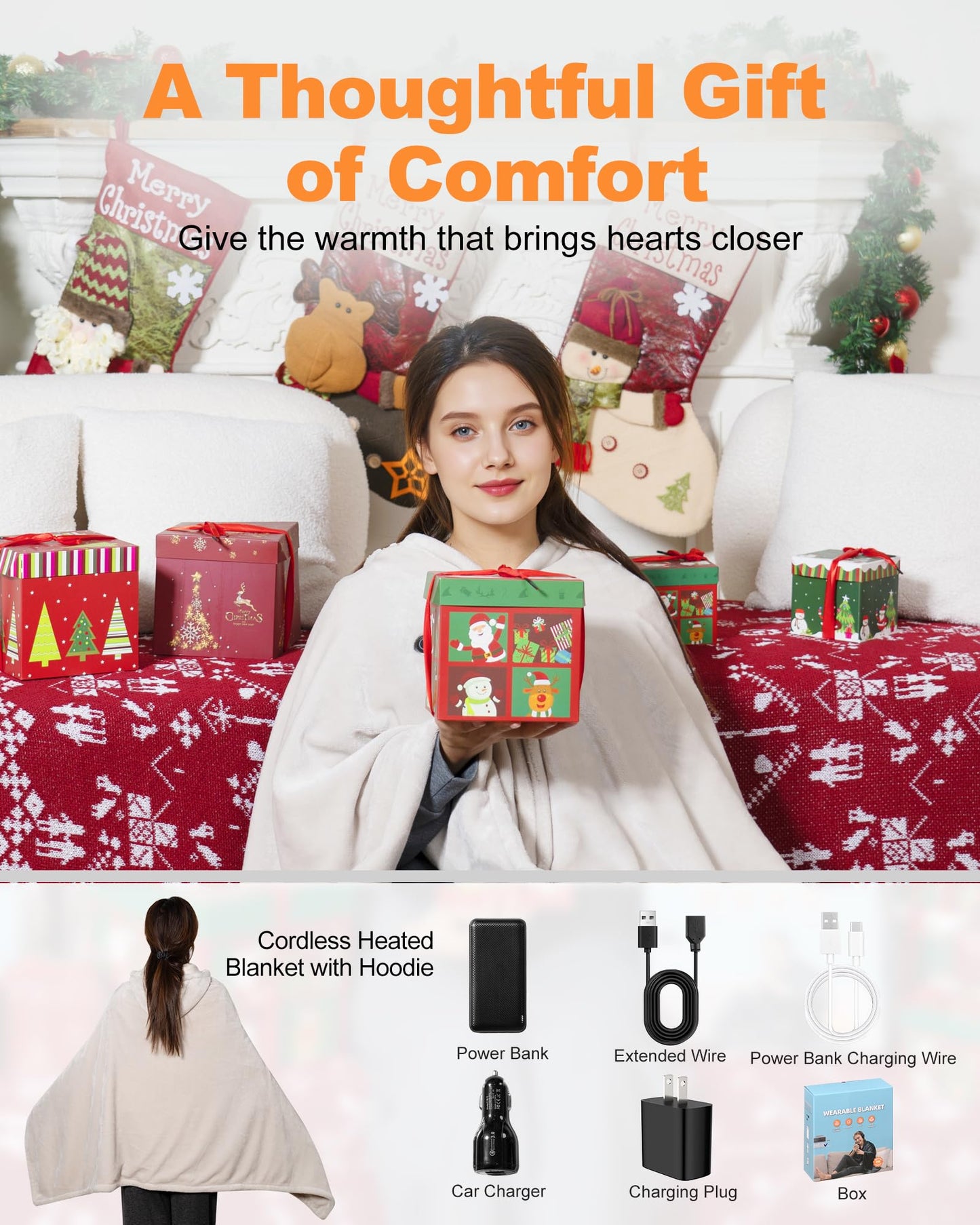 Cordless Rechargeable Heated Blanket with Hood & Multi-Zone Heating Design
