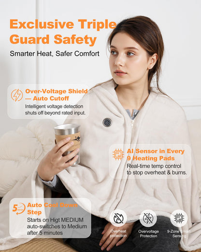 Cordless Rechargeable Heated Blanket with Hood & Multi-Zone Heating Design