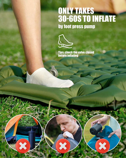 Extra Thick Ultralight Inflatable Camping Sleeping Pad with Built-In Pillow