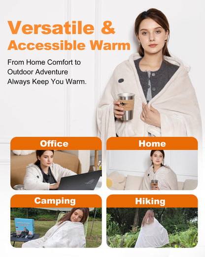 Cordless Rechargeable Heated Blanket with Hood & Multi-Zone Heating Design