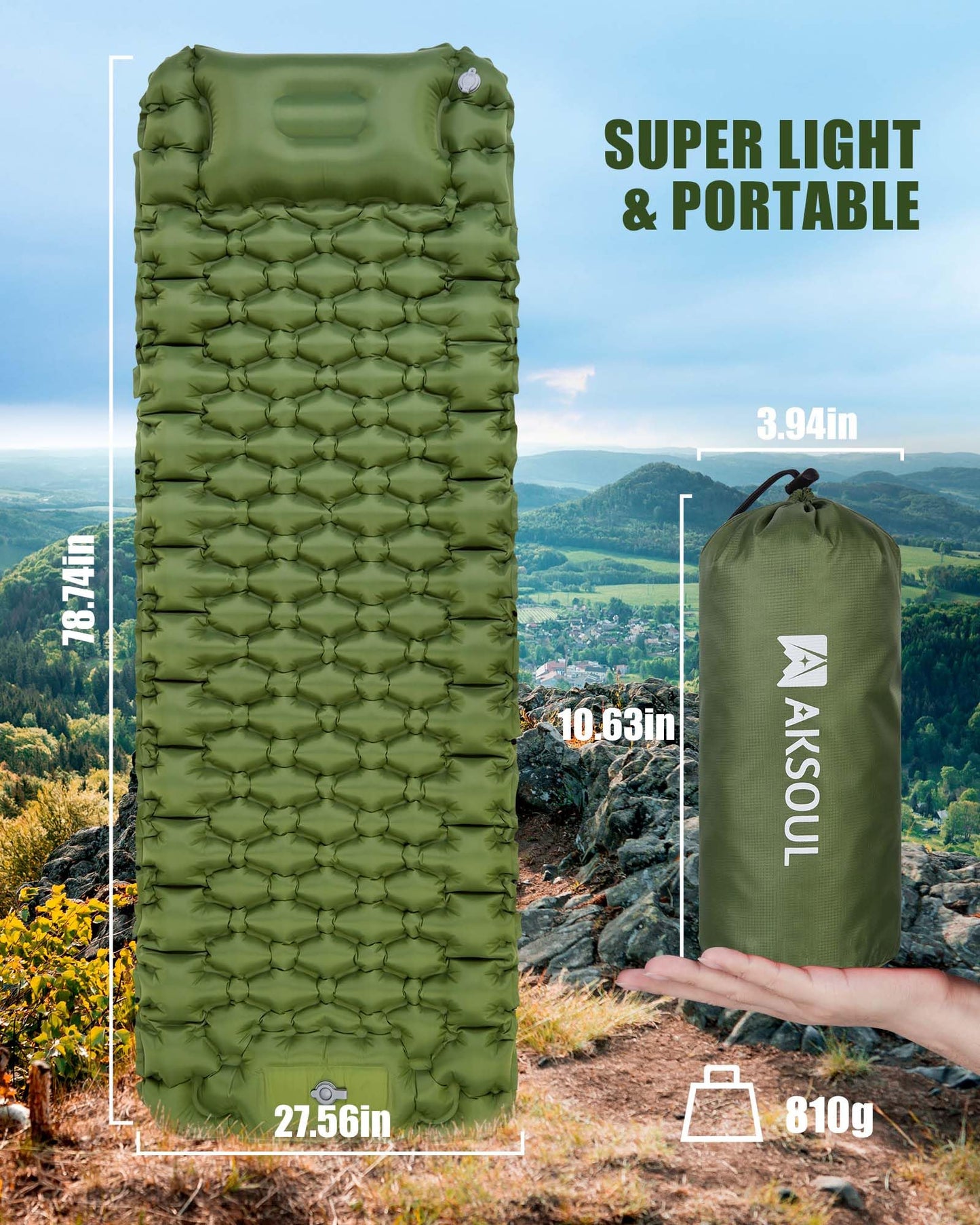 Extra Thick Ultralight Inflatable Camping Sleeping Pad with Built-In Pillow
