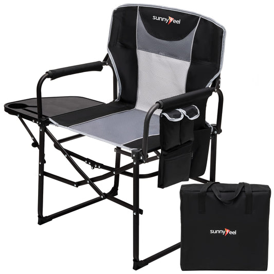 Oversized Folding Camping Director Chair with Side Table & Storage Pocket