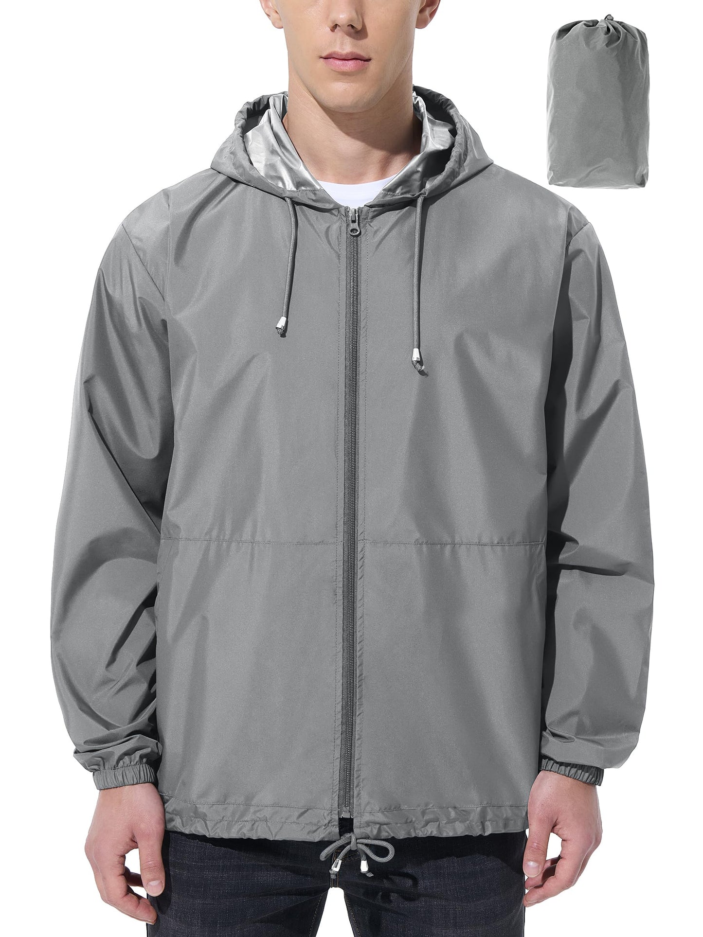 Men’s Lightweight Packable Waterproof Rain Jacket with Hood for Outdoor Activities