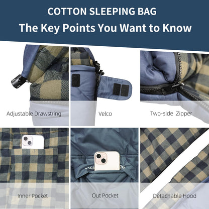 Cotton Cold Weather Sleeping Bag for Camping & Travel