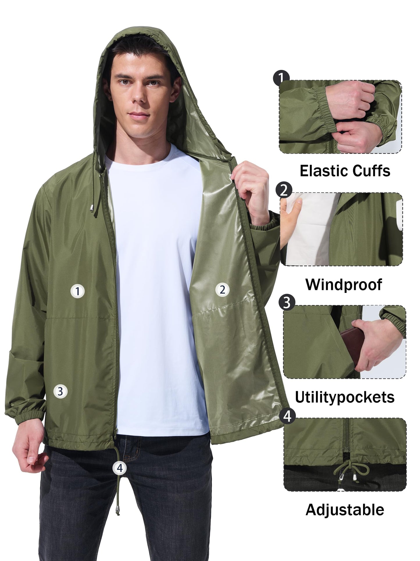 Men’s Lightweight Packable Waterproof Rain Jacket with Hood for Outdoor Activities