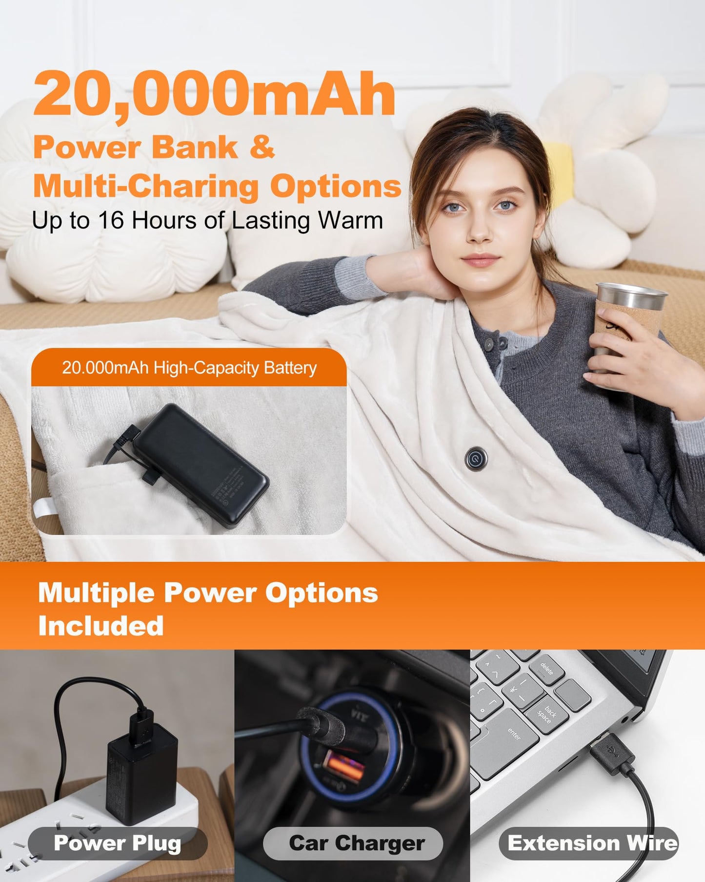 Cordless Rechargeable Heated Blanket with Hood & Multi-Zone Heating Design