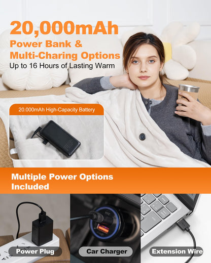 Cordless Rechargeable Heated Blanket with Hood & Multi-Zone Heating Design