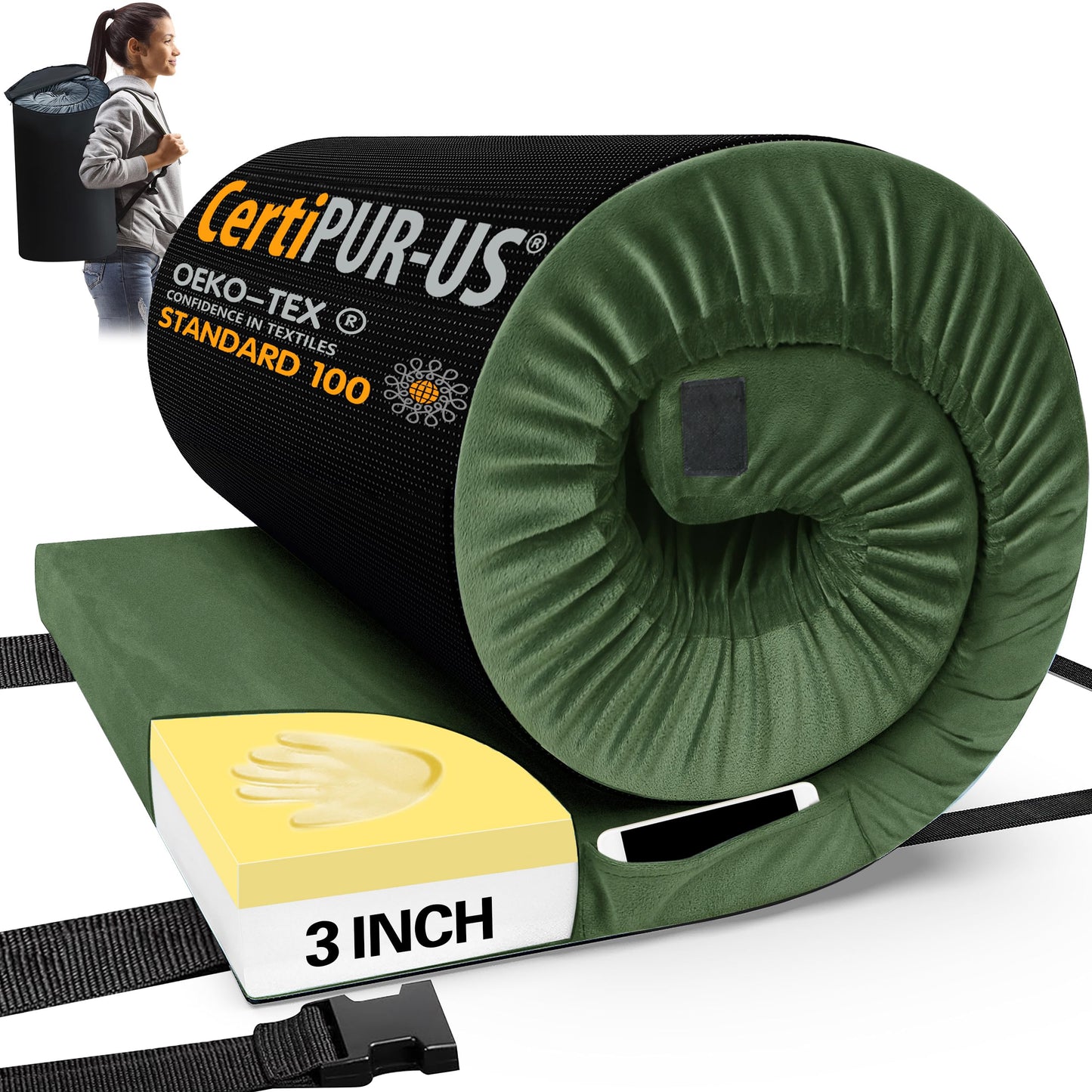 Memory Foam Camping Mattress Pad with Portable Roll-Up Design & Travel Bag