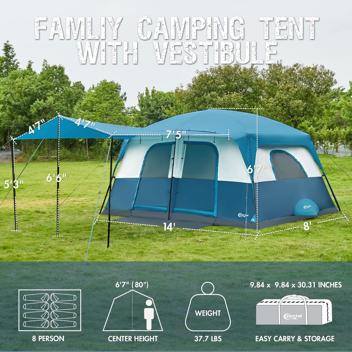 6–10 Person Family Camping Tent with Porch, Tall Interior & Ventilated Design
