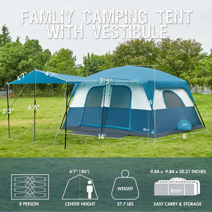 6–10 Person Family Camping Tent with Porch, Tall Interior & Ventilated Design